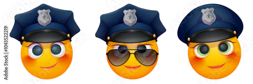 Set of female police officer emoji on white background. Emoticon with police hat and sunglasses. Cute emoticon.