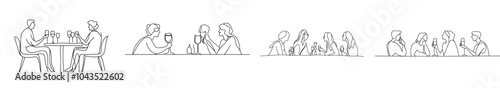 Line drawing depicting a group of friends dining in a restaurant