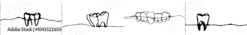 Continually drawn anatomical human tooth silhouette on an industrial background. Healthy medicine recovery molar root cavity sketch outline drawing for World Oral Health Day one.