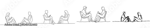 One line drawing of two old women sitting and talking. Modern illustration.