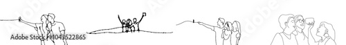Various young friends making selfies - one-line drawing