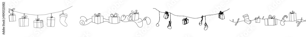 An illustration with a continuous line hanging candy, a ball, a Christmas tree, a gift box, a star, and a sock. A Merry Christmas and Happy New Year theme. An illustration with a continuous line hanging candy, a ball, a Christmas tree, a gift box, a star, and a sock. A Merry Christmas and Happy New Year theme.
