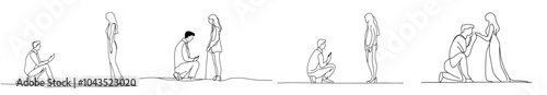 Drawing of a continuous one line love marriage symbol. Man proposing to woman.