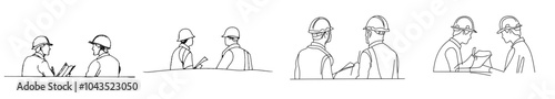 A continuous line drawing of a construction worker wearing a helmet, standing in a meeting and discussing. Modern illustration isolated on a white background.