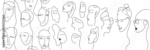 Abstract faces. Female silhouettes with hand drawn outline. Minimalistic concept with continuous line. Decorative modern seamless pattern in pastel colors.