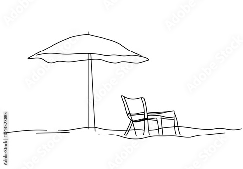 Summer vacation concept illustration of beach umbrella, chairs, chaise longue, and coast of the sea. Summer background illustration for beach holiday isolated on white.