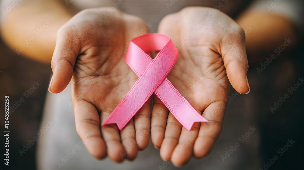 Pink ribbon of cancer awareness on a hands. Pink ribbon of cancer awareness on a hands.