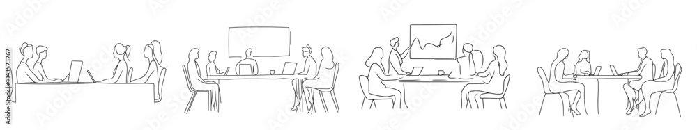 Continual line drawing design for modern illustration graphic of young businessman coaching class members. Business training and meeting concept. Continual line drawing design for modern illustration graphic of young businessman coaching class members. Business training and meeting concept.