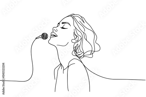Continually drawn woman holding microphone and singing. Black sketch isolated on white background. Modern illustration.