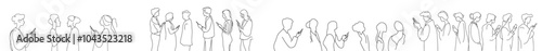 Several people hold smartphones and make online stories or stream online on social networking sites. One line continuous drawing of people holding smartphones.