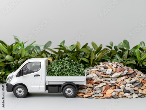 Miniature truck transporting rocks in a lush green environment.