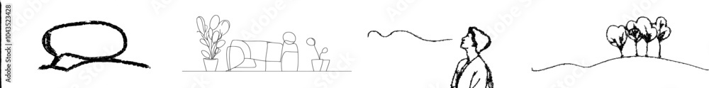 Black and white graphic illustration made of single lines depicting a continuous speech bubble Black and white graphic illustration made of single lines depicting a continuous speech bubble