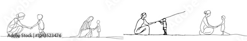 Drawing of young mother speaking wisely to her child. Family parenting concept. Trendy one line graphic illustration design.