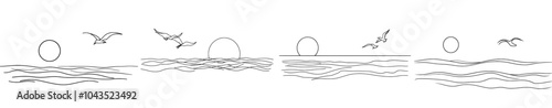 Modern illustration with a sunset over the sea. Isolated on a white background.