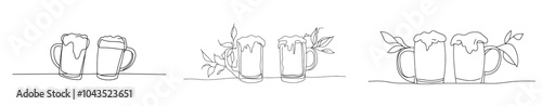 Greetings on International Beer Day, a modern background, banner, poster, and beer mugs with a one line art illustration.