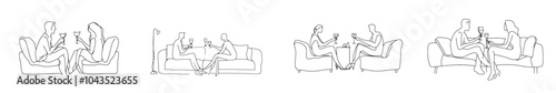 Couple sitting at couch, having a chat, and drinking coffee. They are enjoying a day of relaxation at home. Modern continuous line design graphic.