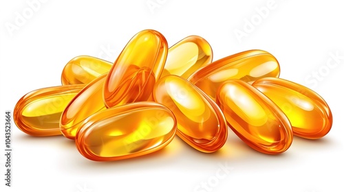 Fish oil omega 3 gel capsules on white background.	
