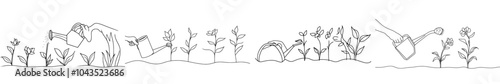 Drawing of a hand watering plants at a garden. Earth day theme save the environment. Growing seedling forester planting. A dynamic one-line graphic design modern illustration.