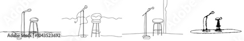 An illustration of a stand up comedian performing on a stage by using a single continuous line. Graphic illustration of dynamic one line drawing graphic design.