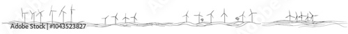 An illustration of windmills and wind farms at the sea in one continuous line. Green energy and renewable source of power in a simple linear style. Illustration of modern doodles.