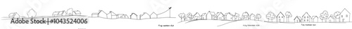 Minimalistic modern illustration of neighbourhood houses that outline a panoramic landscape. Continuous one-line buildings drawing silhouettes.