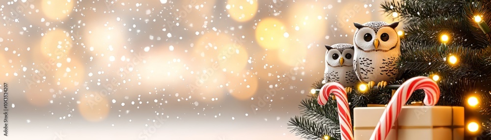 Owls on a festive Christmas tree with candy canes and snowy background. Owls on a festive Christmas tree with candy canes and snowy background.