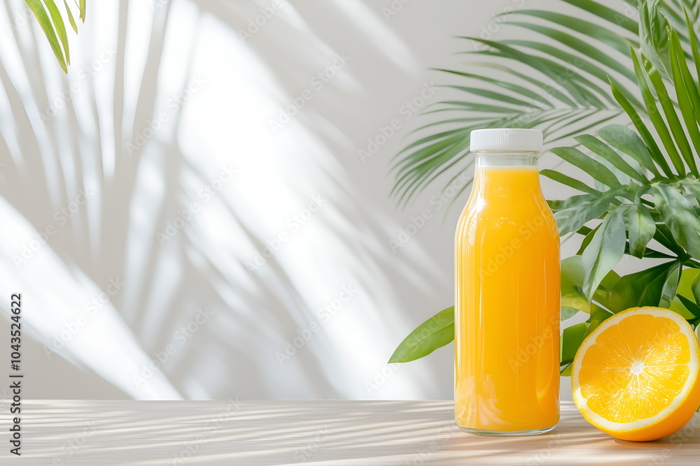 A clean minimalistic mockup of a glass citrus juice bottle with a blank label, layout with copy space A clean minimalistic mockup of a glass citrus juice bottle with a blank label, layout with copy space