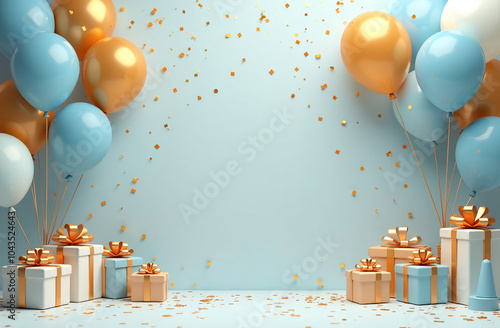 Blue and gold balloons with confetti and gift boxes on a blue background.