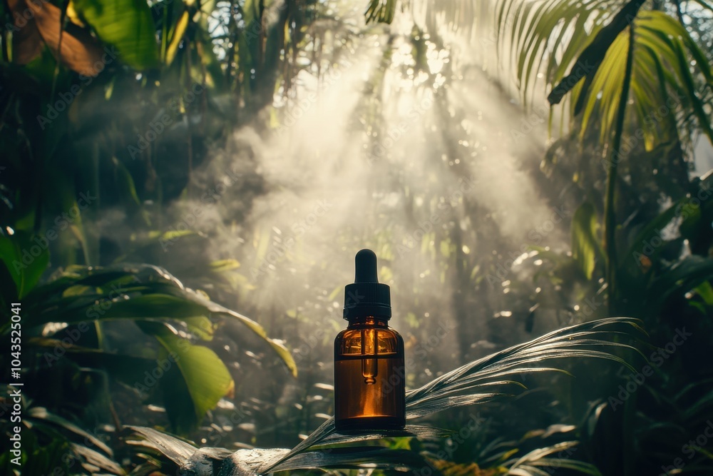 Essential oil bottle in a lush green setting, with bright morning sunlight and soft mist rising Essential oil bottle in a lush green setting, with bright morning sunlight and soft mist rising