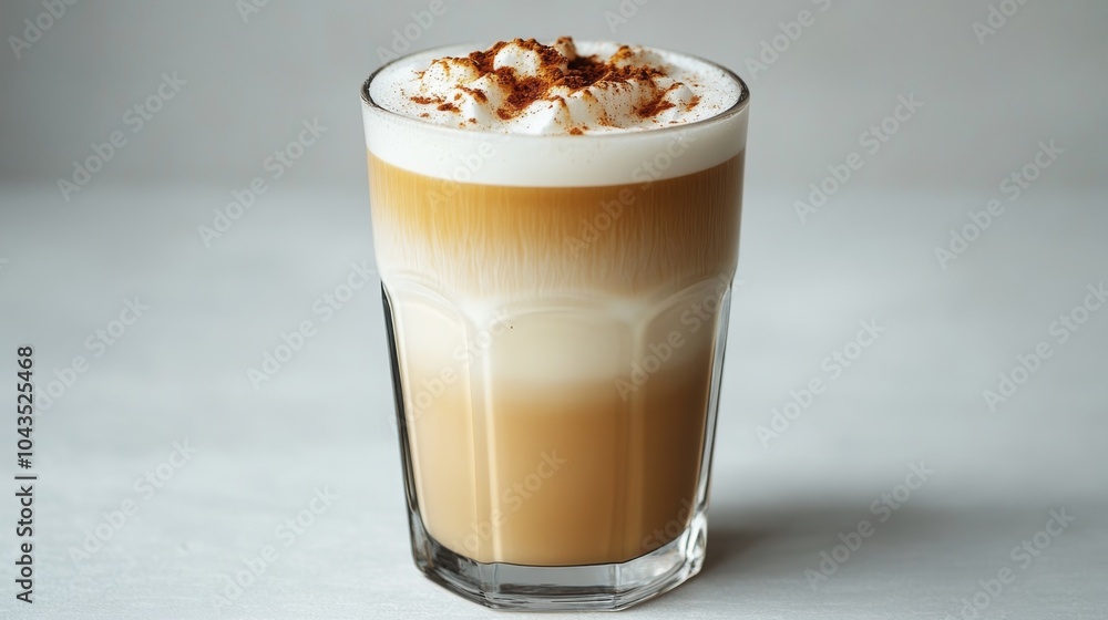 A latte in a tall glass with a frothy top, set against a clean white background A latte in a tall glass with a frothy top, set against a clean white background