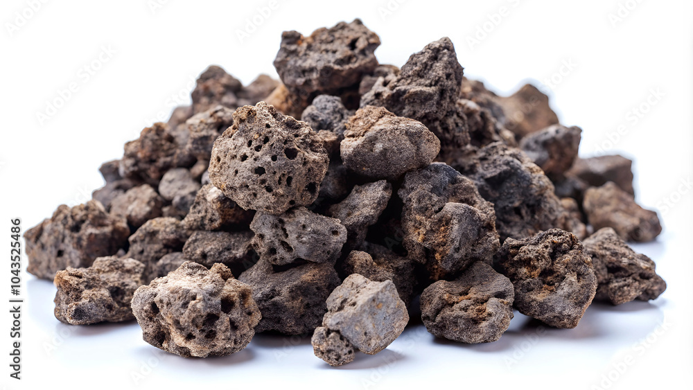A small mountain of volcanic rock fragments set against a white backdrop A small mountain of volcanic rock fragments set against a white backdrop
