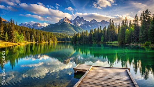 A serene mountain lake with a wooden dock and surrounding trees, surrounded by towering peaks in the distance, natural beauty, landscape