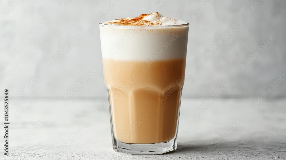 A latte in a tall glass with a frothy top, set against a clean white background A latte in a tall glass with a frothy top, set against a clean white background