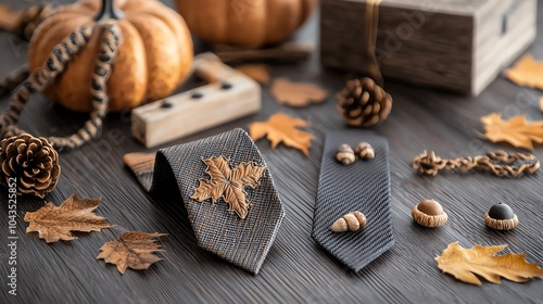 Chic fallthemed tie with subtle pumpkin and acorn details, perfect for Thanksgiving photo