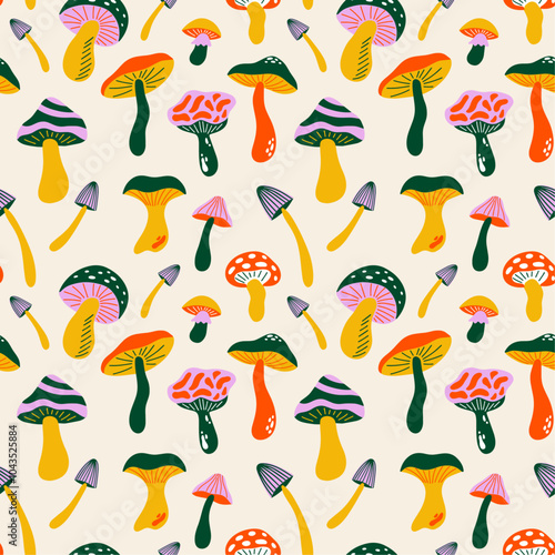 Seamless pattern with various mushrooms in retro cartoon groovy 70s hippie funky style. Different fungi repetitive vector illustration. Psychedelic abstract colored shrooms for wrapping paper decor