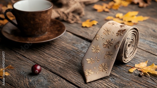 Elegant autumnthemed tie with subtle cranberry and cornucopia motifs photo