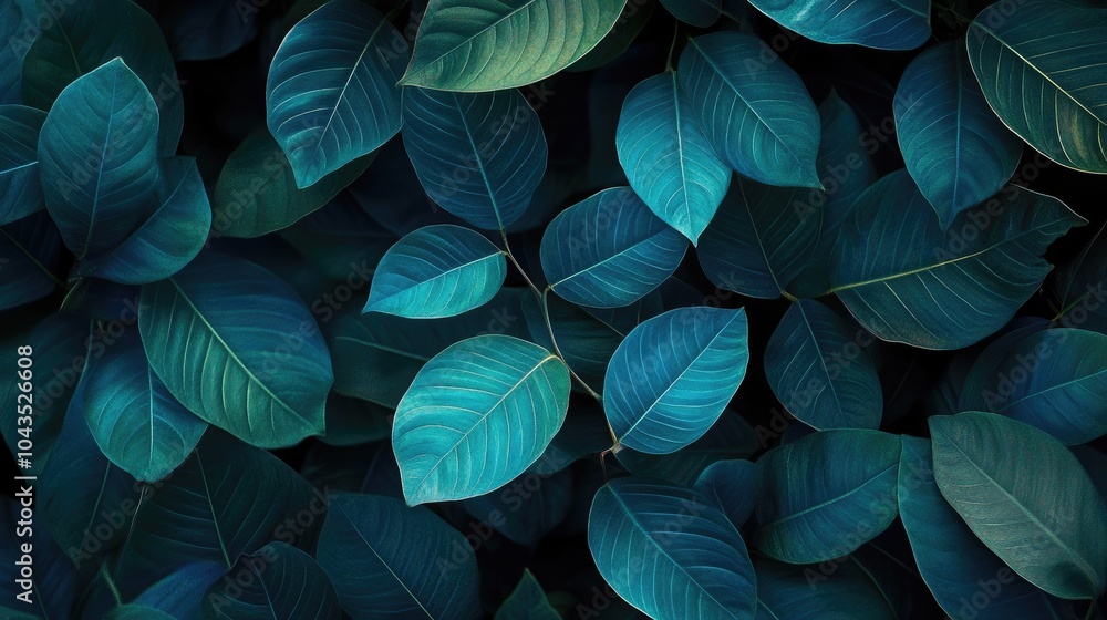 Close-up detail macro texture of bright blue-green leaves of tropical forest plants in a dark nature background. Close-up detail macro texture of bright blue-green leaves of tropical forest plants in a dark nature background.