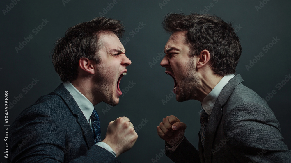 Two angry young men in suits shouting at each other in anger. Two angry young men in suits shouting at each other in anger.