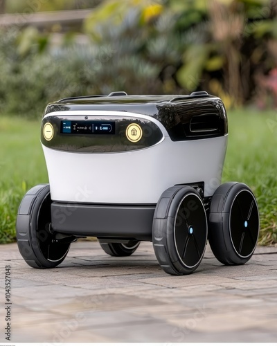 Robot delivery device on a path in a garden setting.
