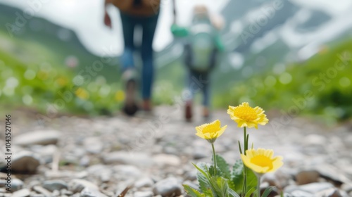 A scenic view of a gravel path with yellow flowers in focus, while hikers walk towards mountainous terrain in the background.