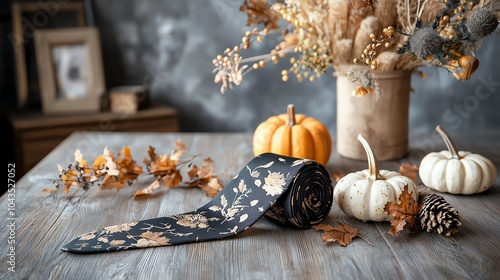 Festive tie with fallthemed pumpkins and corn stalks, perfect for Thanksgiving dinner photo