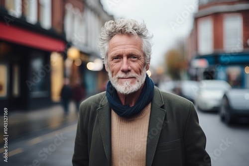 Portrait of senior man with grey hair and beard in the city