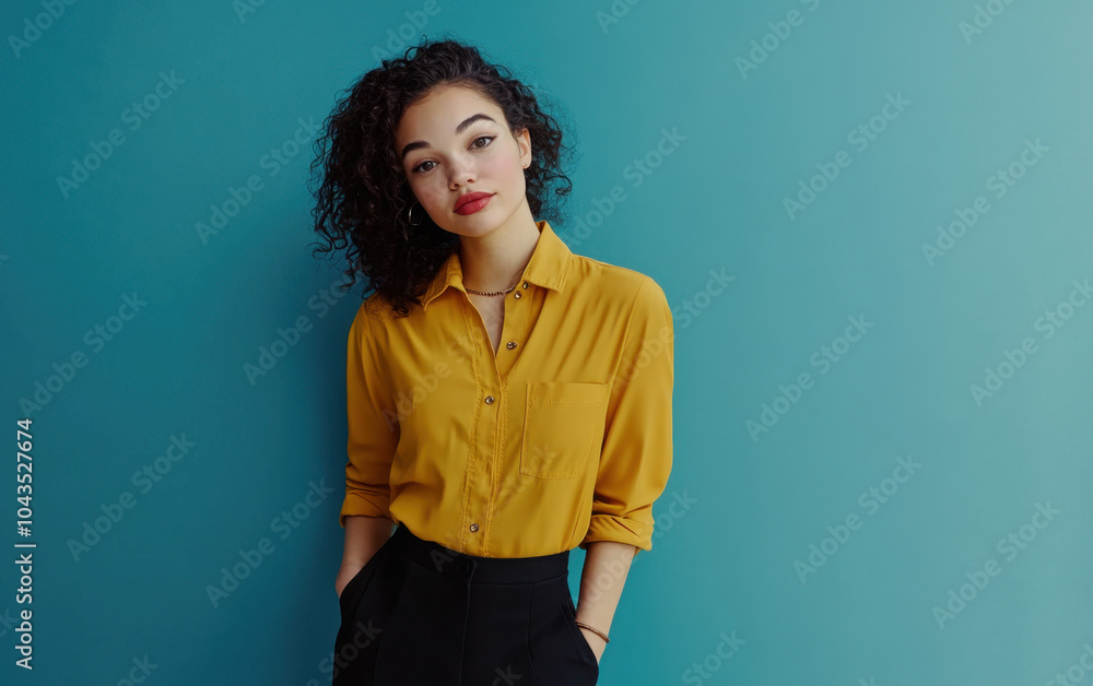 Photo of a confident businesswoman in a yellow shirt and black pants posing against a solid color background, representing an inviting or professional atmosphere. Photo of a confident businesswoman in a yellow shirt and black pants posing against a solid color background, representing an inviting or professional atmosphere.