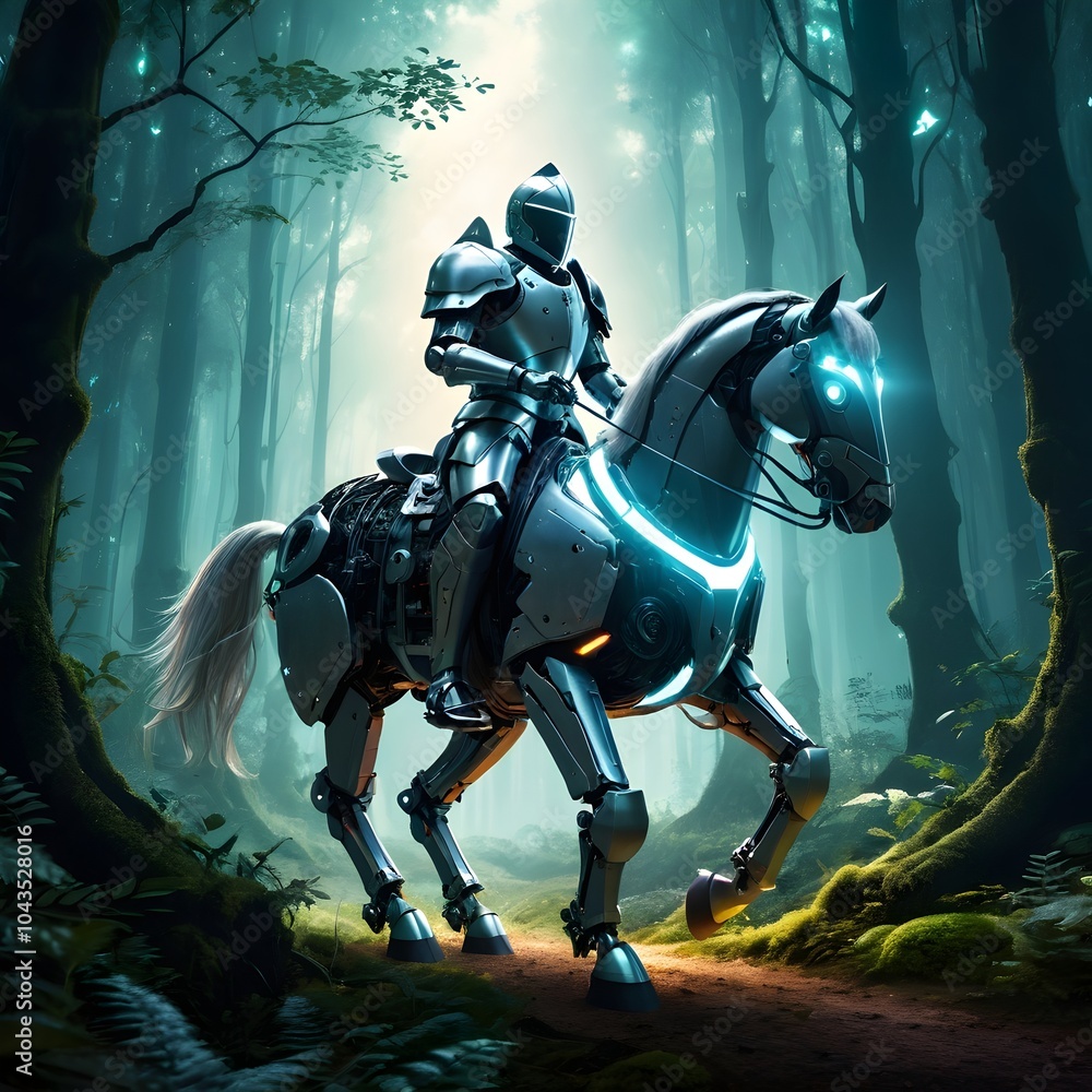 Naklejka premium A futuristic knight with glowing armor riding a robotic horse through a magical forest