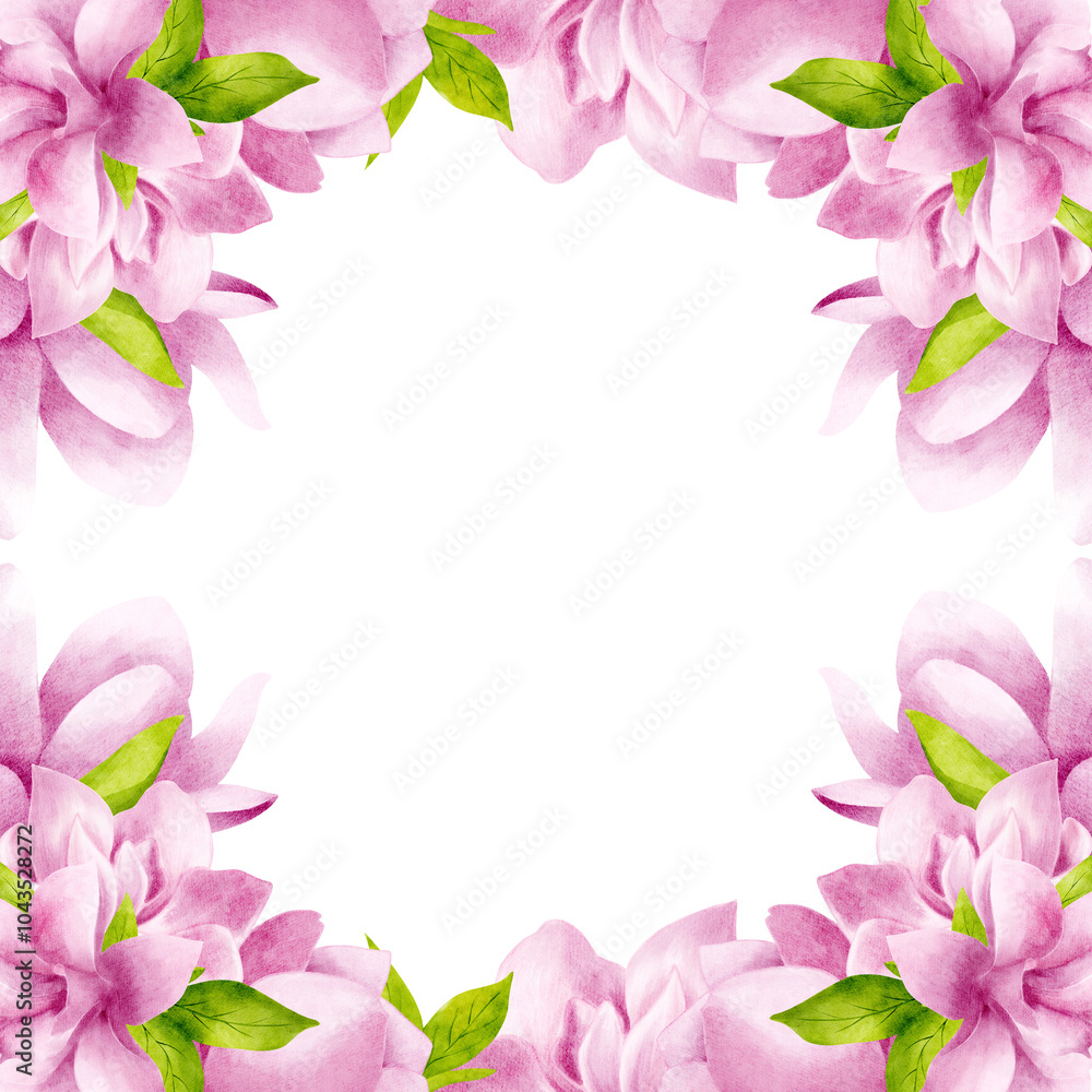 Frame of beautiful magnolias in pink color with leaves. Hand drawn watercolor illustration. Square template, empty for text, isolated from the background.
Frame of beautiful magnolias in pink color with leaves. Hand drawn watercolor illustration. Square template, empty for text, isolated from the background.