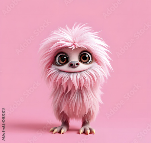 Funny fluffy pink monster on transparent pink background. Joyful and soft little monster. Charming yeti. Halloween character.