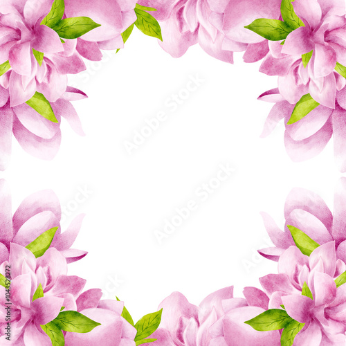 Frame of beautiful  magnolias in pink color with leaves. Hand drawn watercolor illustration. Square template, empty for text, isolated from the background.
