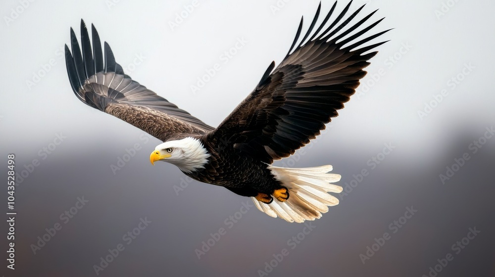 Fototapeta premium Bald Eagle in Flight Against Cloudy Sky