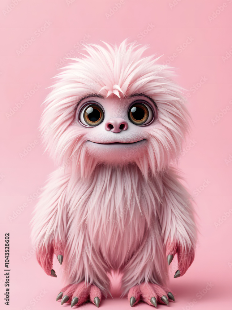 Funny fluffy pink monster on transparent pink background. Joyful and soft little monster. Charming yeti. Halloween character. Funny fluffy pink monster on transparent pink background. Joyful and soft little monster. Charming yeti. Halloween character.