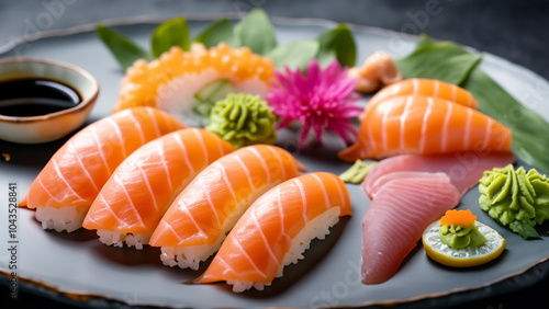 A vibrant sushi platter overflowing with colorful nigiri pieces, glistening salmon sashimi, and other.